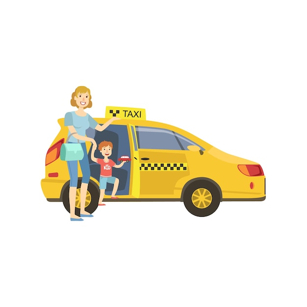 Madre con la figlia che entra nell'automobile gialla del taxi