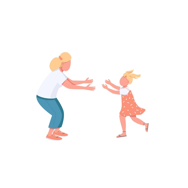 Mother with daughter flat color faceless characters. little girl run to hug mom. parenthood, motherhood. happy family isolated cartoon illustration for web graphic design and animation