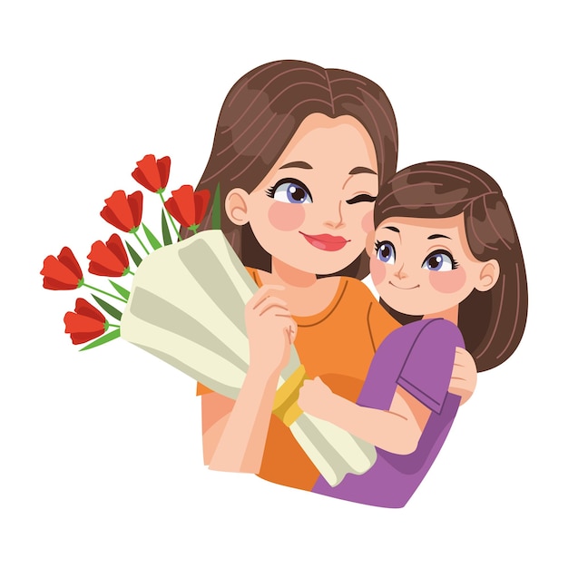 mother with daughter giving roses bouquet