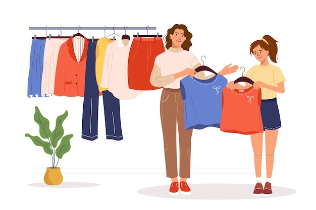mother with daughter picks new fashioned clothes in shop young woman and child near hanger vector