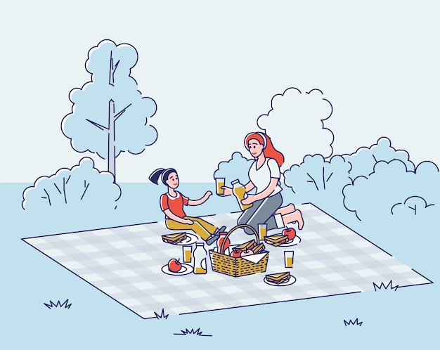 Vector mother with daughter sitting on blanket spend time together in fresh air on vacation or weekend