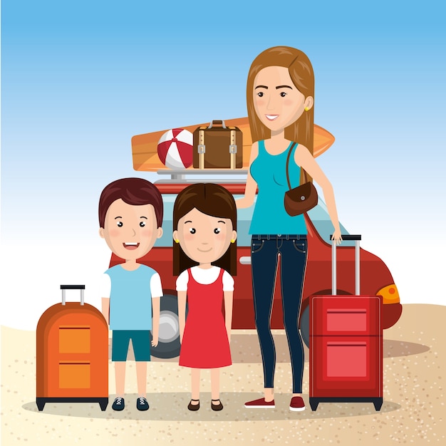 Mother with daughter and son on the beach