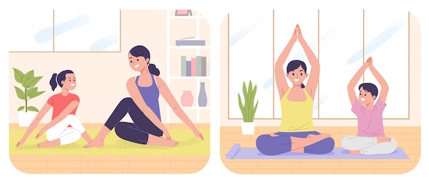 Mother with daughter and son yoga as indoor activity