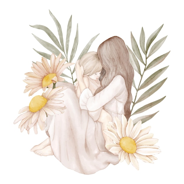 Una madre con il suo bambino tra fiori e foglie