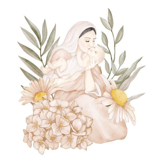 A mother with her baby among flowers and leaves