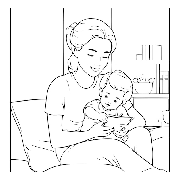 Mother with her baby Black and white vector illustration for coloring book