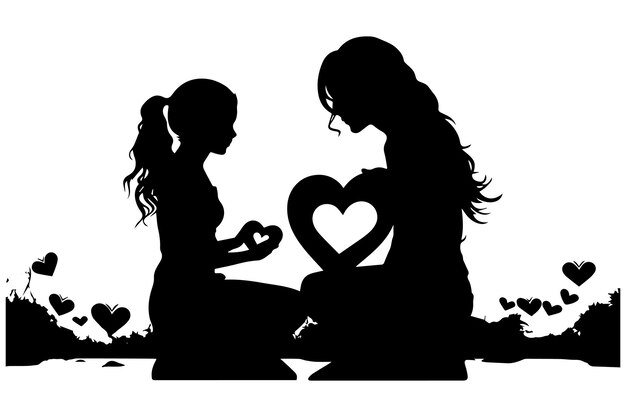Vector mother with her baby heart outline vector silhouette mother care icon on white background