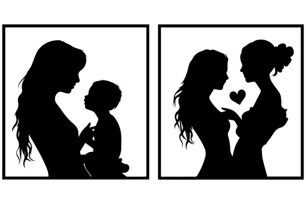 Vector mother with her baby heart outline vector silhouette mother care icon on white background