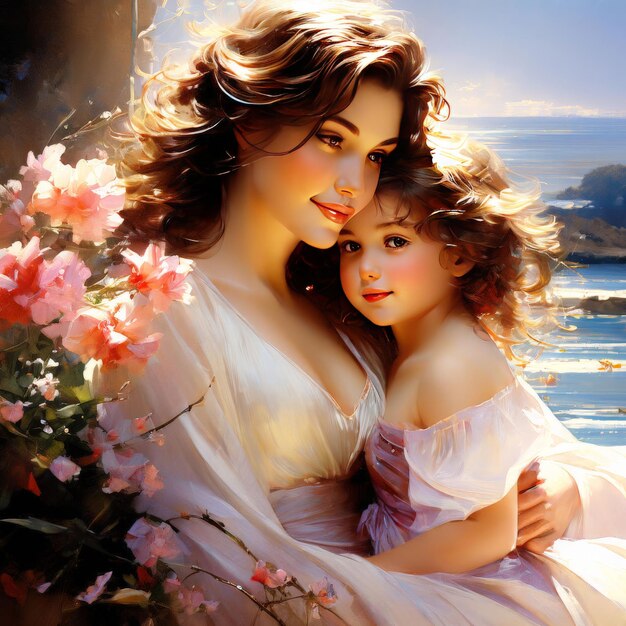 벡터 mother with her daughter at sunset mother with her daughter at sunset