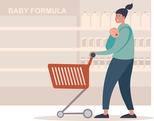 Madre con un piccolo bambino affamato che piange al supermercato guardando gli scaffali vuoti con la formula per bambini concetto di carenza di formula per bambini