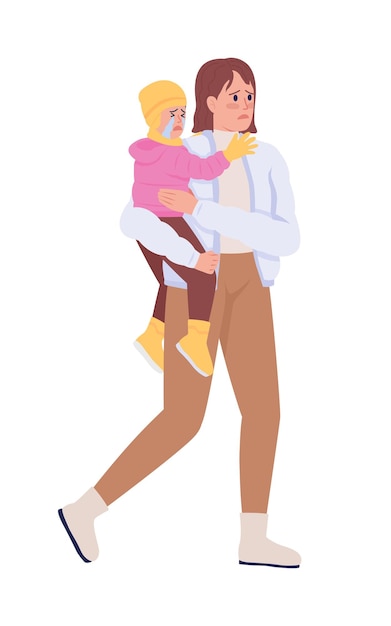 Mother with kid leaving home by war and persecution semi flat color vector characters