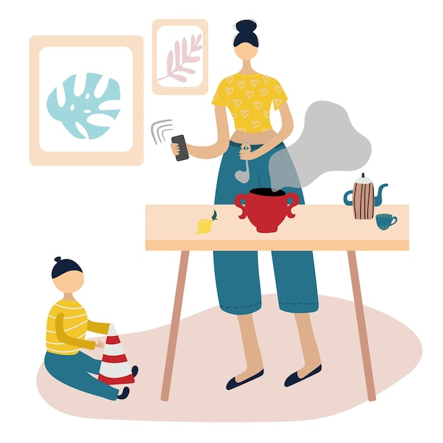 Mother with little child works at a laptop and cooks in the kitchen. flat cartoon vector illustration. quarantine work home-office