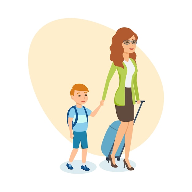 mother with luggage in hand walks next to her son