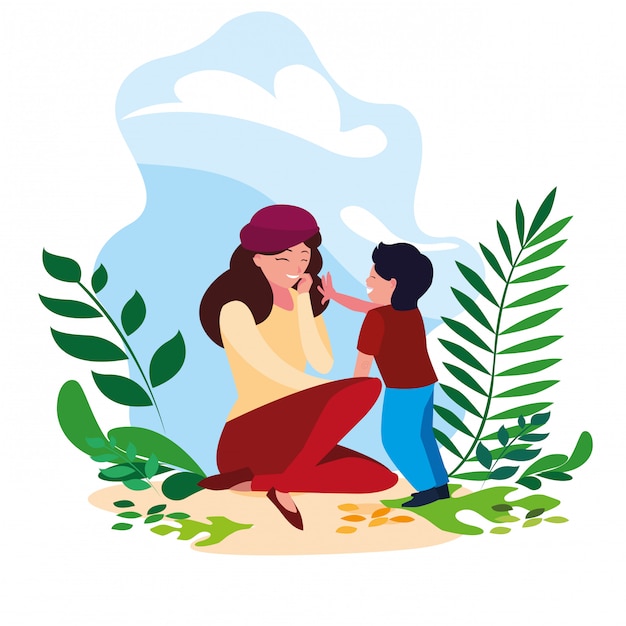 Mother with son in scene nature