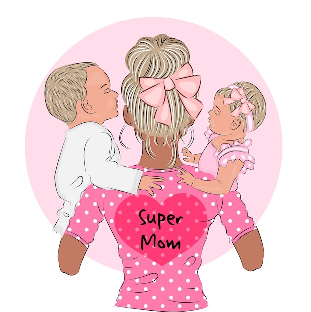 Mother with two little children son and daughter in her arms lettering Mother's day quote or children's day Cute illustration child care vector illustration