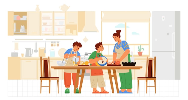 Mother with two sons in aprons cooking in the kitchen