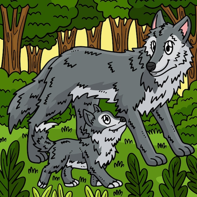 Mother Wolf and Baby Wolf Colored Cartoon