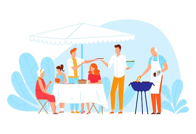 Vector mother woman with father grandmother and grandfather senior daughter girl at barbecue outdoors vector illustration family children and grandparent