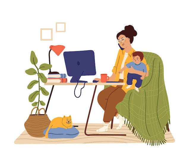 Mother work from home. Working mom, busy freelancer holding baby. Woman sitting desk talk phone swanky vector concept. Illustration mother with baby freelance, woman freelancer busy child and work