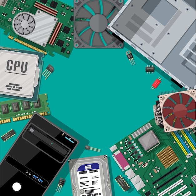 Vector motherboard, hard drive, cpu, fan, graphic card, memory, screwdriver and case. set of personal computer hardware. pc components icons.