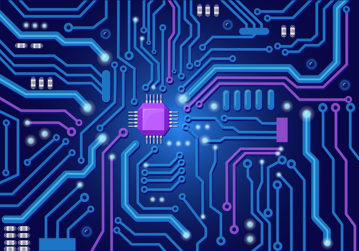 Vector motherboard pcb background circuit board texture computer digital system blueprint processor microchip electrical pcb ai scifi futuristic technology neat vector illustration