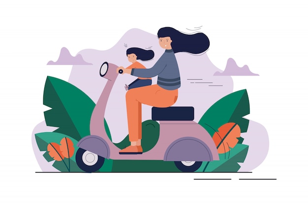 Vector motherhood, childhood, motorcycling, recreation, activity concept