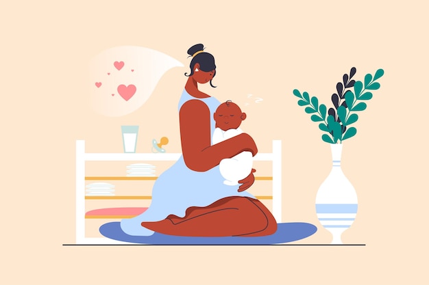 Концепция материнства со сценой людей в плоском дизайне молодая мать держит и обнимает маленького новорожденного ребенка, наслаждаясь материнством и уходом за ребенком