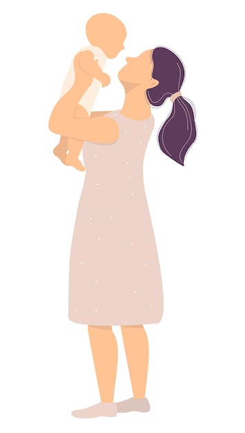 Motherhood and happy family young mother in dress with newborn baby in her arms vector illustration