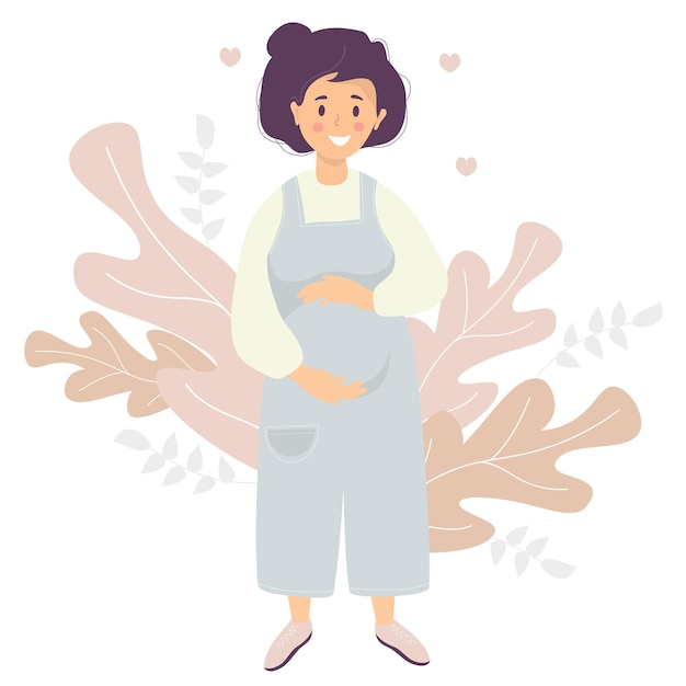 Motherhood happy pregnant woman gently hugs her stomach with hands vector