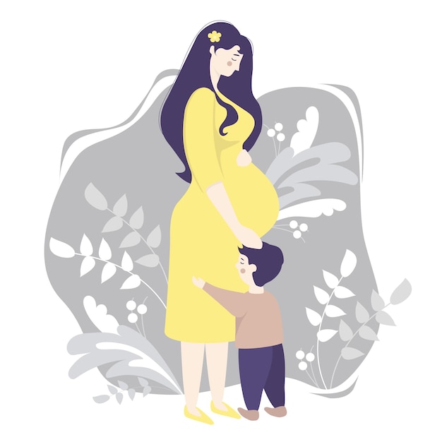 Материнство. Счастливая беременная женщина нежно обнимает свой живот и маленького сына, стоящего рядом