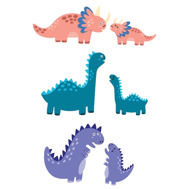 Set di dinosauri per madri e bambini. mamma dinos con i loro bambini piccoli elementi isolati. simpatici personaggi in stile infantile. illustrazione