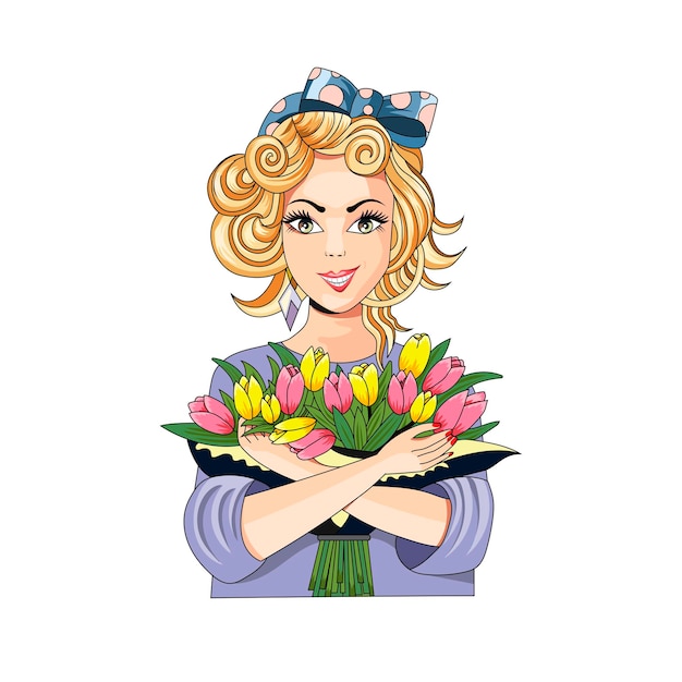 Vettore festa della mamma 8 marzo biglietto di auguri con ragazza e un mazzo di fiori primaverili illustrazione vettoriale