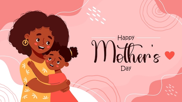 Mothers Day banner Happy ethnic woman hugs daughter on abstract shapes modern design background