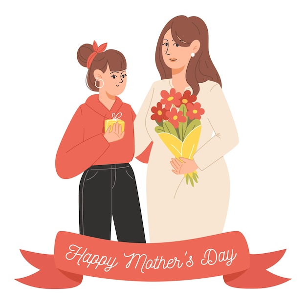 Vector mothers day card mom and daughter