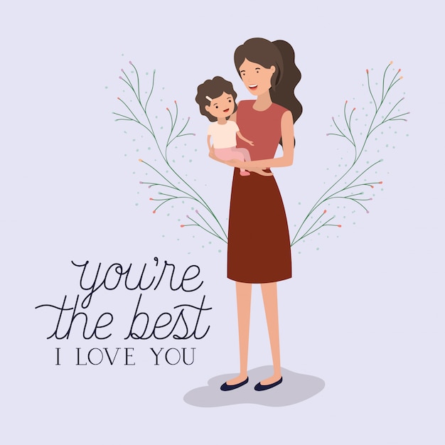 Vector mothers day card with mother and daughter leafs crown