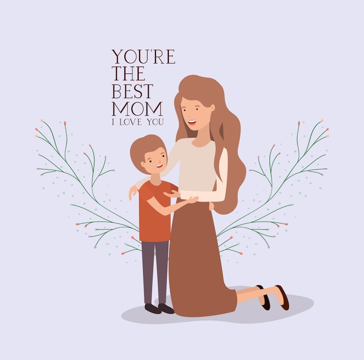 Vector mothers day card with mother and son leafs crown