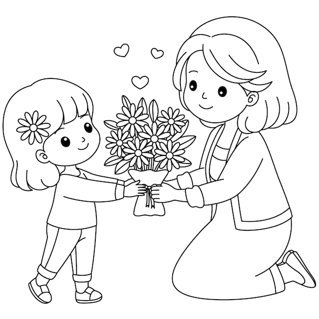 Vector mothers day child giving flowers for mom illustration