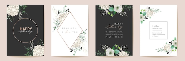 Mothers day classic floral greetings. vector watercolor flowers frame set. spring flower design for mother party, woman gold template. modern poster, mom banner postcard, elegant nature invite cards