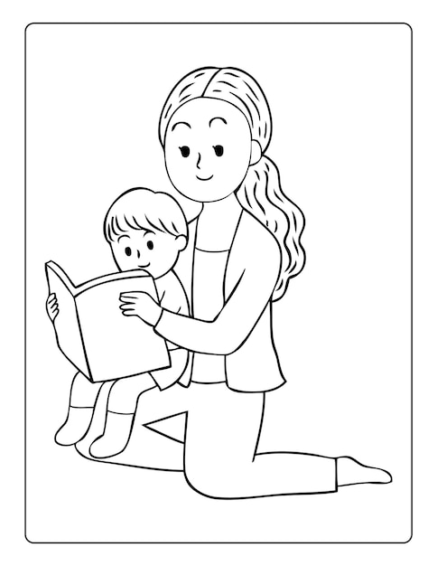 Vector mothers day coloring pages for children with cute mom son holiday black and white activity worksheet