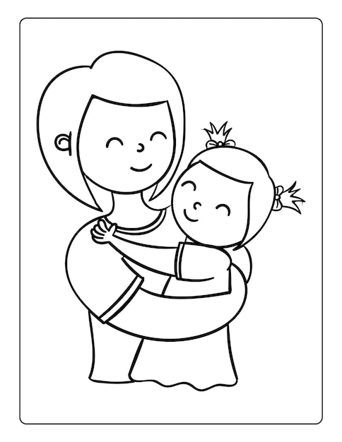 Вектор День матери раскраски для детей с милой мамой и сыном праздник черно-белый рабочий лист