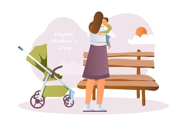 Vector mothers day concept with people scene in the cartoon design mom went for a walk with her little son