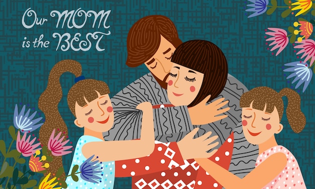 Mothers day. Cute flat cartoon father, mother and daughter with bouquets of flowers and text. Horizontal 