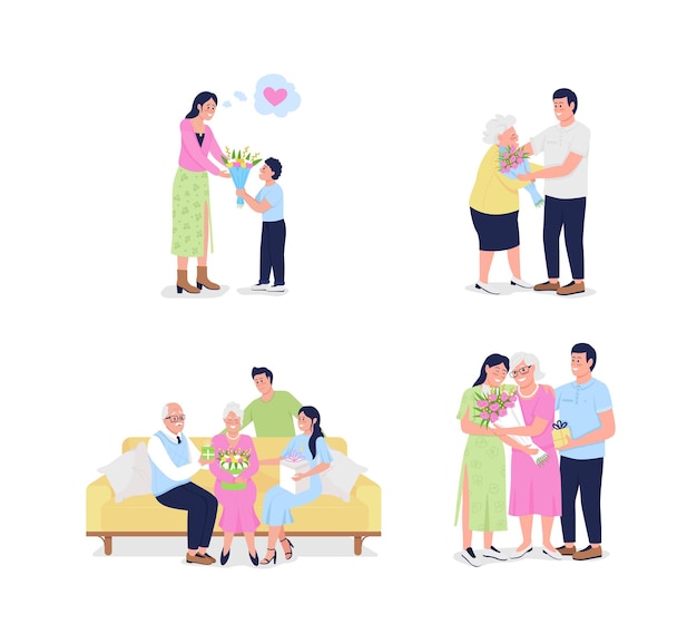 Mothers day flat detailed character set. Adult children with mature parents. Family celebrate together isolated cartoon  collection