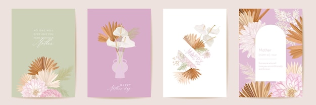 Mothers day floral vector card. greeting tropical flowers, palm leaves template design. watercolor minimal postcard set. dry pampas grass frame. spring flower invite typography. woman modern brochure