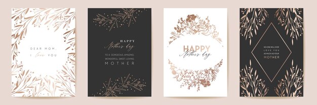 Mothers day golden luxury vector greeting set. Floral foliage design for Mother party, woman spring card. Gold line contour template. Modern poster, Mom banner postcard, Nature curve flyer