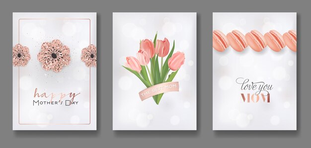 Insieme di progettazione della cartolina d'auguri di giorno di madri. volantino per la festa della mamma con fiori, regali e cuori glitter dorati per poster, striscioni, inviti. illustrazione vettoriale