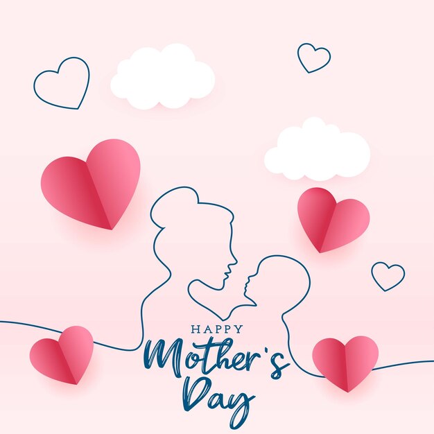 Vector mothers day greeting card in line style and paper hearts