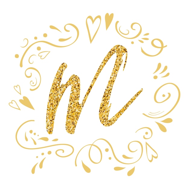 mothers day greeting card romantic hand drawn ornament golden letter m on white decorated gold colors romantic design element for banner invitation symbol congratulation print vector illustration