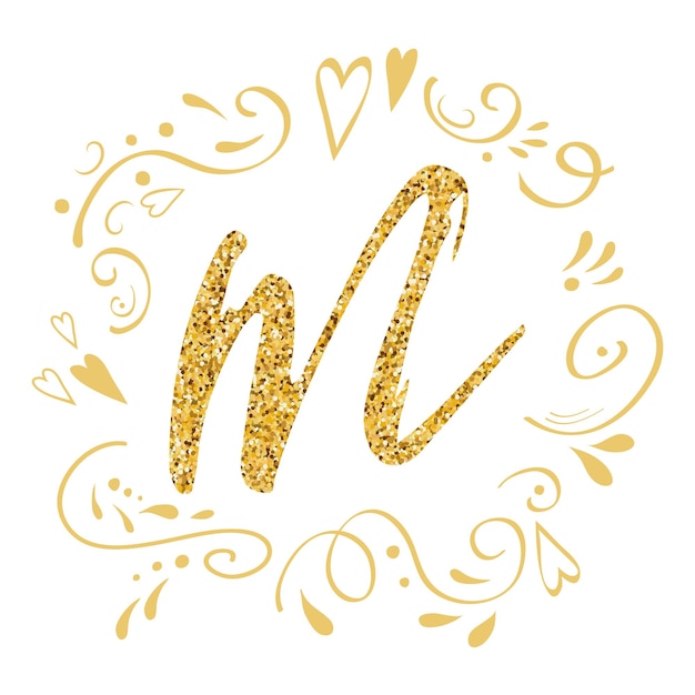 Vector mothers day greeting card romantic hand drawn ornament golden letter m on white decorated gold colors romantic design element for banner invitation symbol congratulation print vector illustration