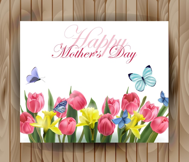 Mothers  day  greeting card with blooming spring  flowers  pink  tulips narcissus  and butterflies